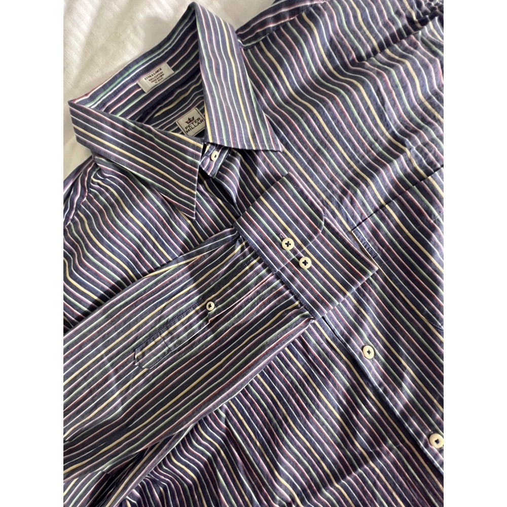 Peter Millar Mens XL Long Sleeve ButtonDown Shirt Navy Multi Color Stripe Cotton